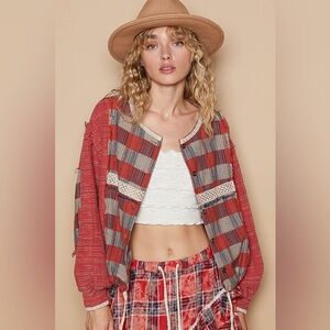 POL Women’s Round Neck Long Sleeve Plaid Shirt With Buttons, Size Large